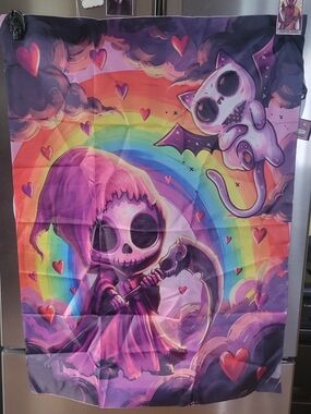 🖤NEW🖤 Hand Crafted Purple Rainbow Grim Reaper and Cat Wall Tapestry